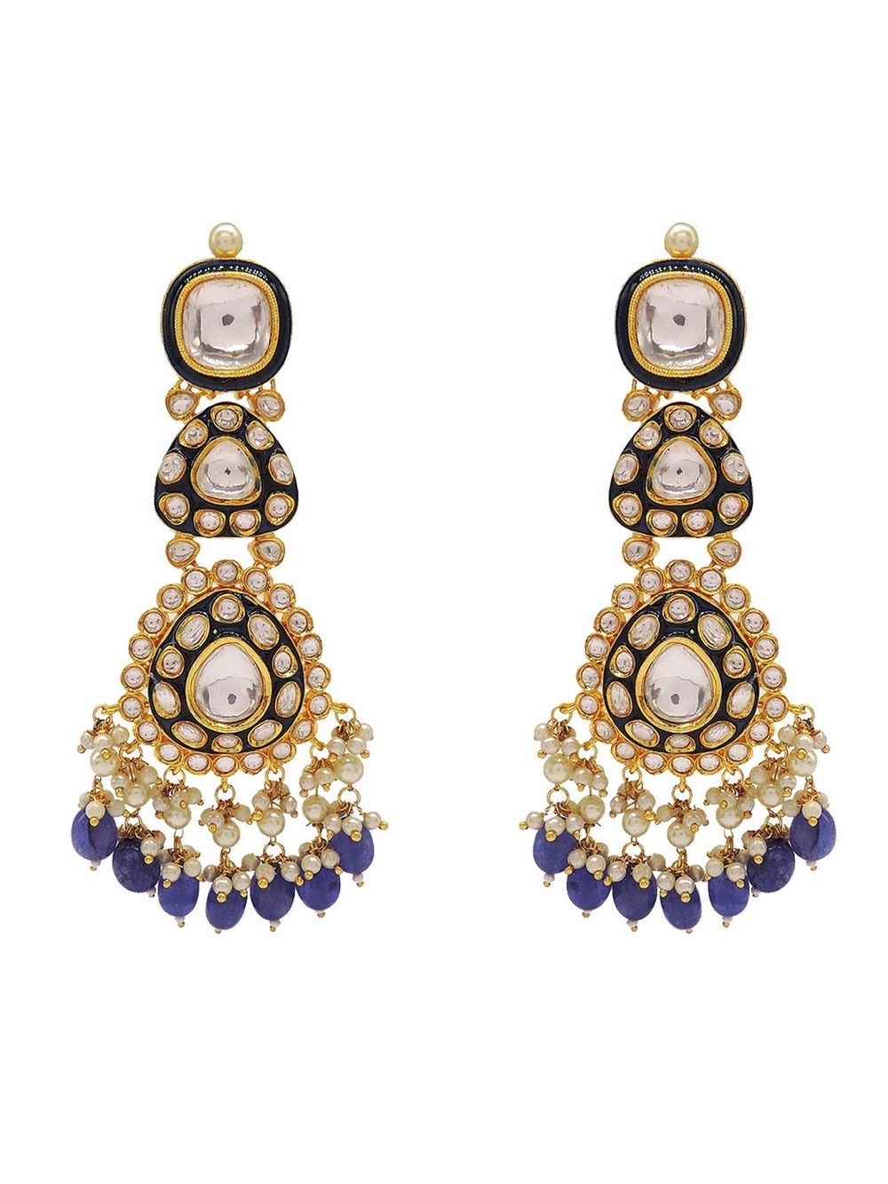 Gold and Blue Kundan Drop Earrings - Women Jewelry